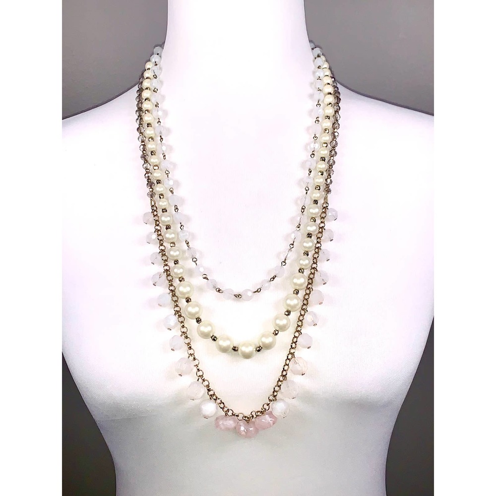 Talbots Multistrand Faux Pearl Pink and White Beaded Statement Necklace EUC